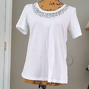 Christopher & Banks White.   Silver Gray Metallic Circular Sequins Tshirt